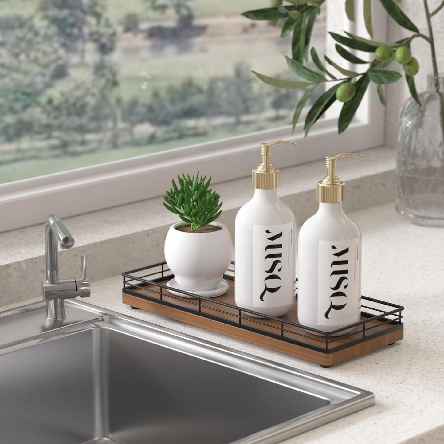 Wooden Decorative Tray, Oak 11.2" L Coffee Table Tray for Kitchen Countertop Soap Sponge Holder Candle Nightstand Table Centerpieces for Dining Room Decor Walnut