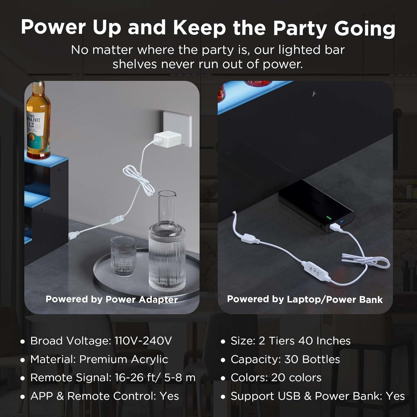 Dethan 2 Tier 40 Inch Liquor Bottle Display Shelf - Wine Racks with Multi-Color App & Remote Control, Adjustable Brightness & Sound Modes, Acrylic Bar Shelves for Commercial Clubs