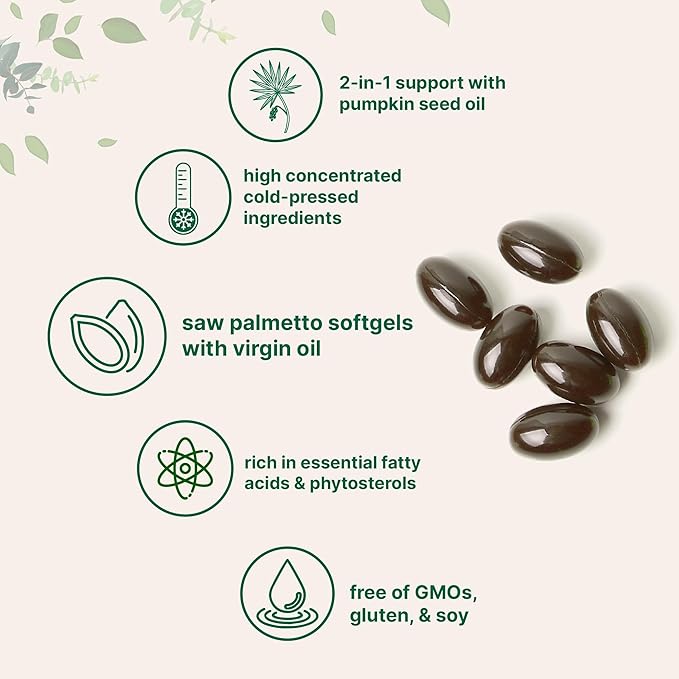 Saw Palmetto 4,800mg Equivalent with Pumpkin Seed Oil, 240 Softgels | Cold Pressed Extract | Essential Fatty Acids & Phytosterols | Duo Action Support for Hair, Urinary, Bladder, & Prostate Health