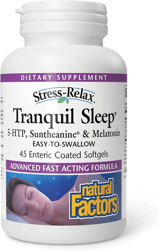 Stress-Relax Tranquil Sleep by Natural Factors, Sleep Aid with Suntheanine L-Theanine, 5-HTP, Melatonin, 45 Softgels