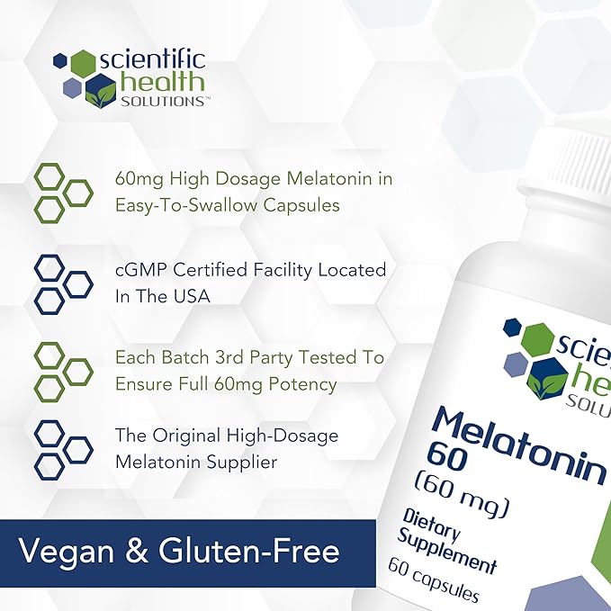 Melatonin 60mg | High Dosage Melatonin in Easy-to-Swallow Capsules | Vegan, Non-GMO & Gluten-Free | US-Made Extra Strength Melatonin (Single)