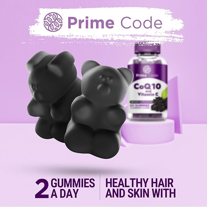 Prime Code CoQ10 200mg & Vitamin C 250mg Gummies – Antioxidant & Immune Support – Heart & Energy Supplement for Adults – Vegan, Non-GMO, Gluten-Free – Elderberry Flavor – 60 Gummies