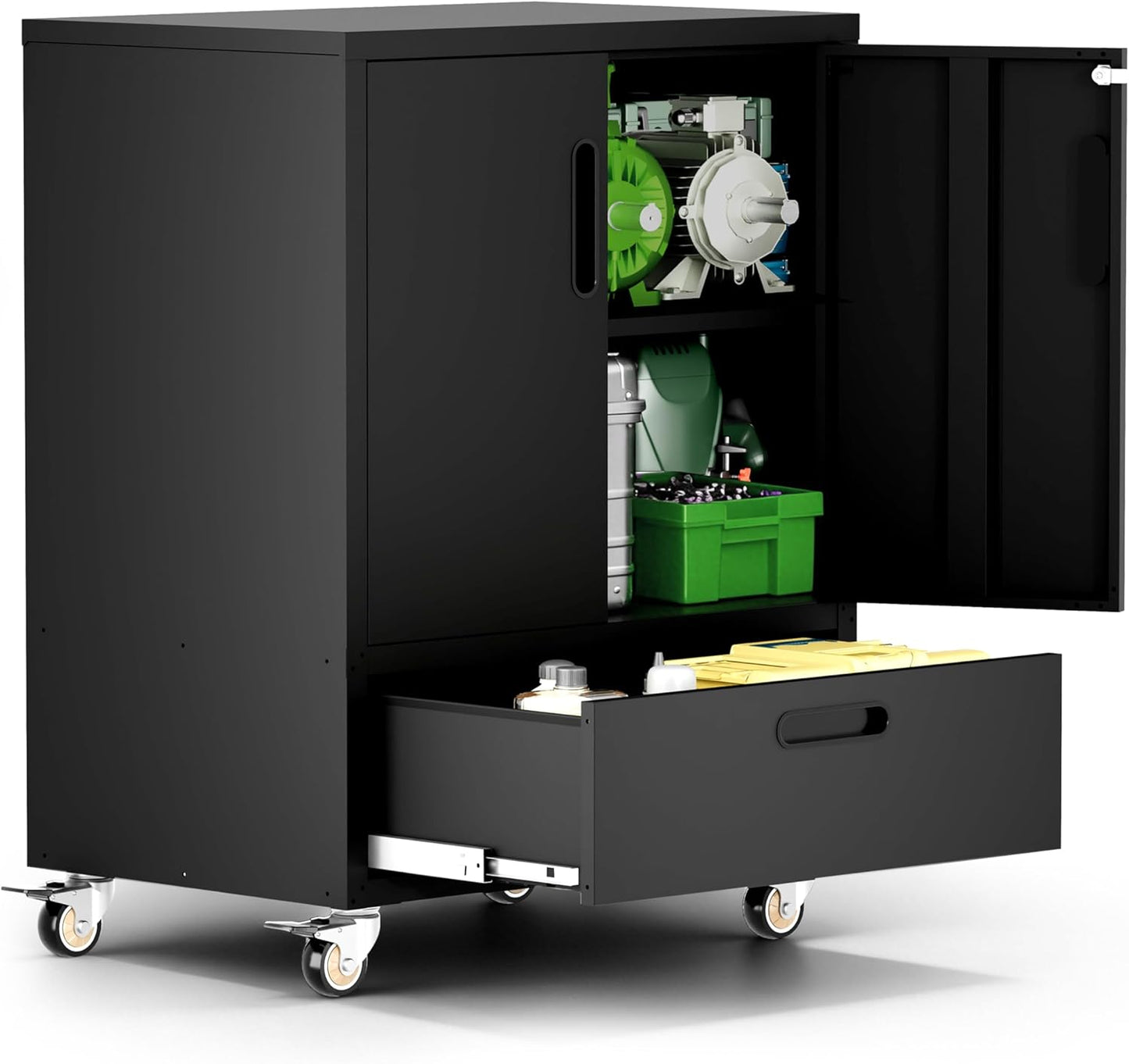 Metal Garage Storage Cabinet with Wheels,Black Lockable Rolling Tool Cabinet with Drawer and Adjustable Shelves,Heavy Duty Tools Cabinet for Home Office Utility Room