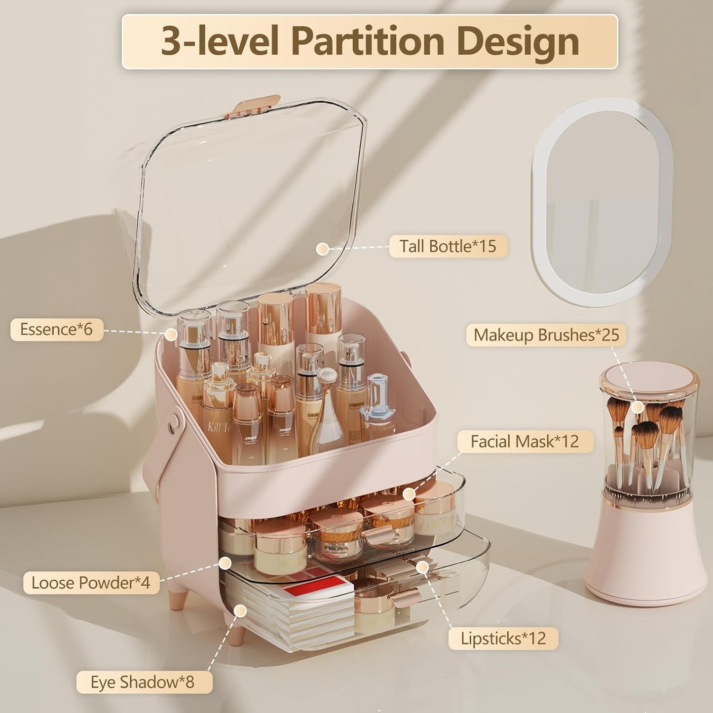 Makeup Organizer Countertop & Makeup Brush Holder with Lid 360 Rotating Clear Dustproof Skincare Holder for Vanity Bathroom Countertop, Ideal Gifts for Women, Transparent, Pink