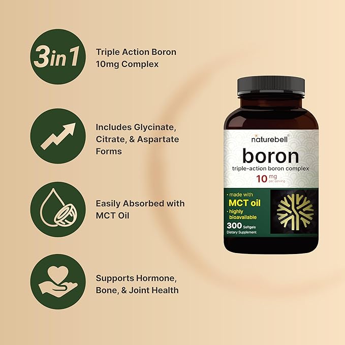 Boron 10mg, 300 Softgels with MCT Oil | High Absorption | Triple Action Boron Supplement for Men & Women | Glycinate, Citrate, & Aspartate Complex | Trace Minerals for Hormone, Bone, & Joint Support