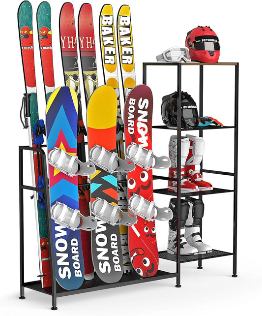 Freestanding Snowboard Rack, 4 Pair Ski, 3 Pack Snowboard, Boot, Pole, Goggles, Snowboard Gear, Ski Rack for Garage