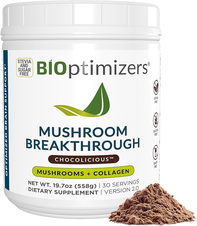 BIOptimizers Mushroom Coffee Alternative – Chocolate Drink – Lion’s Mane, Chaga, Reishi + Collagen Peptides for Focus, Energy & Gut Health – Adaptogenic Mushrooms & MCT Powder – 30 Servings