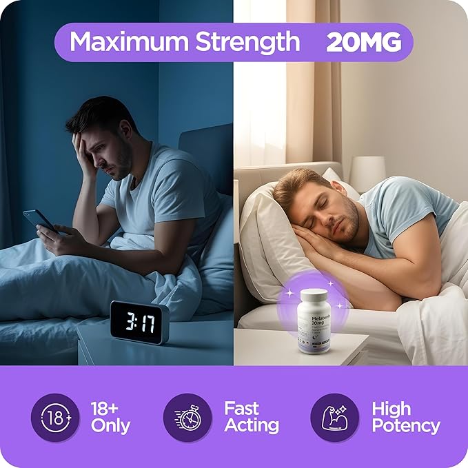 Melatonin 20mg Fast Dissolve Tablets - High Potency, Fast Acting, Natural Sleep Support - Sleep Aids for Adults - Non-Groggy, Drug-Free Formula - 120 Sleeping Pills - Pack of 2