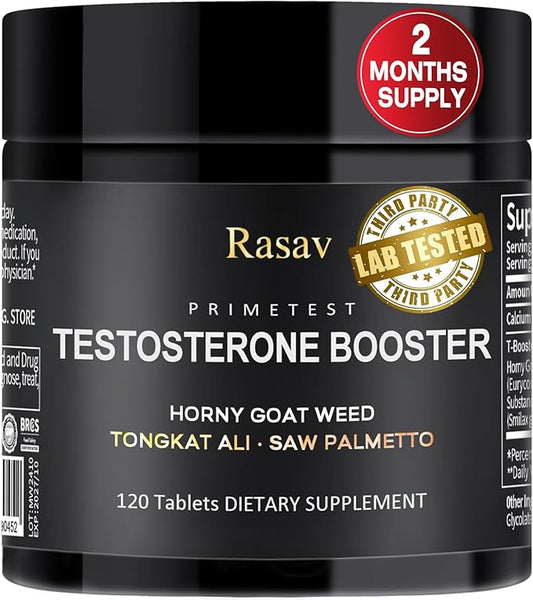 Rasav Horny Goat Weed and Tongkat Ali Supplement for Men, Testosterone Booster Supplement for Men, Male Enhancing Supplements, Supports Muscle Growth, Strength, Energy and Stamina, 120 Tablets