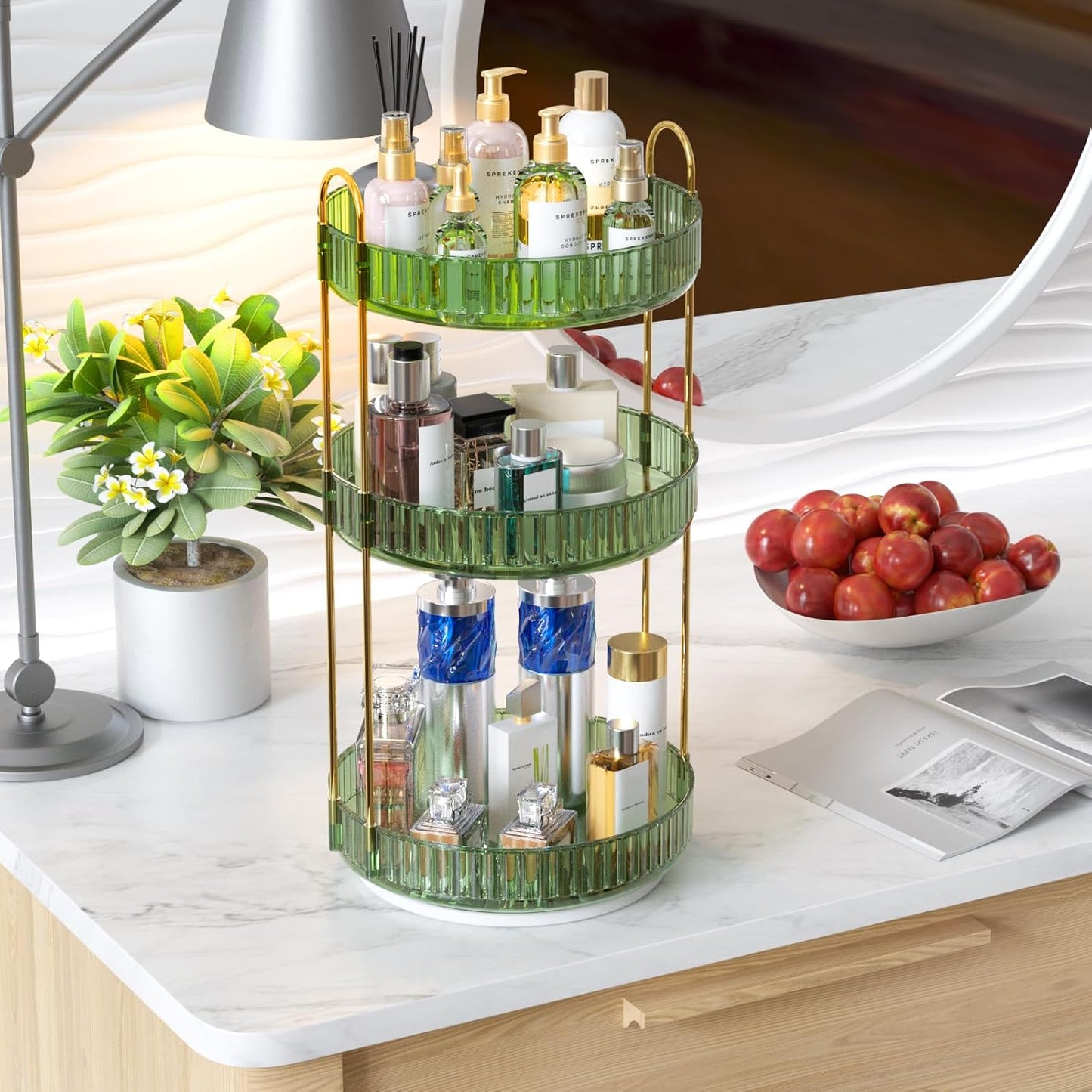 GTI 360°Rotating Makeup Organizer, 3 Tier Large Capacity Perfume Cosmetics Skincare Vanity Organizers,Bathroom Counter Organizer, Dresser Spinning Countertop Organizer and Storage for Women (Green)