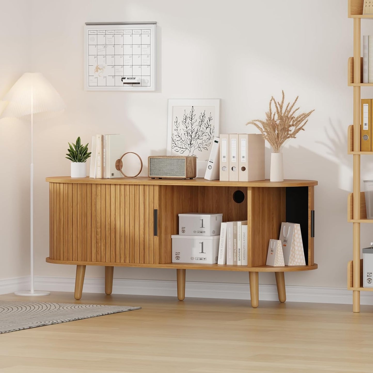 Mid Century Modern TV Stand Media Console with 4 Storage Compartments & Sliding Doors Entertainment Center for ups to 65 Inch Tvs Wood TV Cabinet Furniture for Living Room Bedroom (Natural)