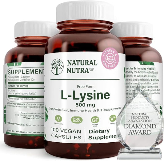 Natural Nutra L Lysine HCl, Promotes Bone Health and Growth, Support Skin Health, Improve Vitamin C Absorption, Helps Built Collagen, Improve Calcium Absorption, Non-GMO, Vegan, 500 mg, 100 Capsules.