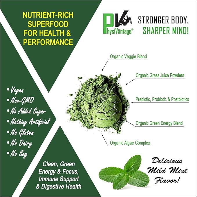 PhysiVantage - Organic Greens Powder - Helps Support Energy, Immunity, & Digestive Health - Prebiotics, Probiotics, Post-biotics - Natural Detox - Vegan - 25 Servings
