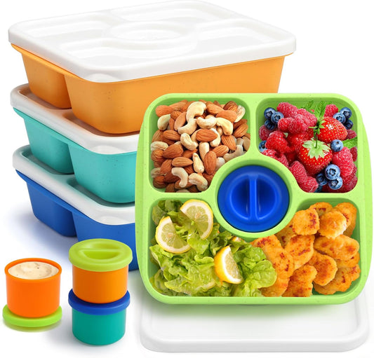QQKO Bento Snack Box Containers for Adults Kids, 4 Pack Lunchable Meal Prep Containers Reusable, Stackable Bento Lunch Box, Food Storage Prep Containers with 4 Sauce Cups, Jewel Color, White Lid