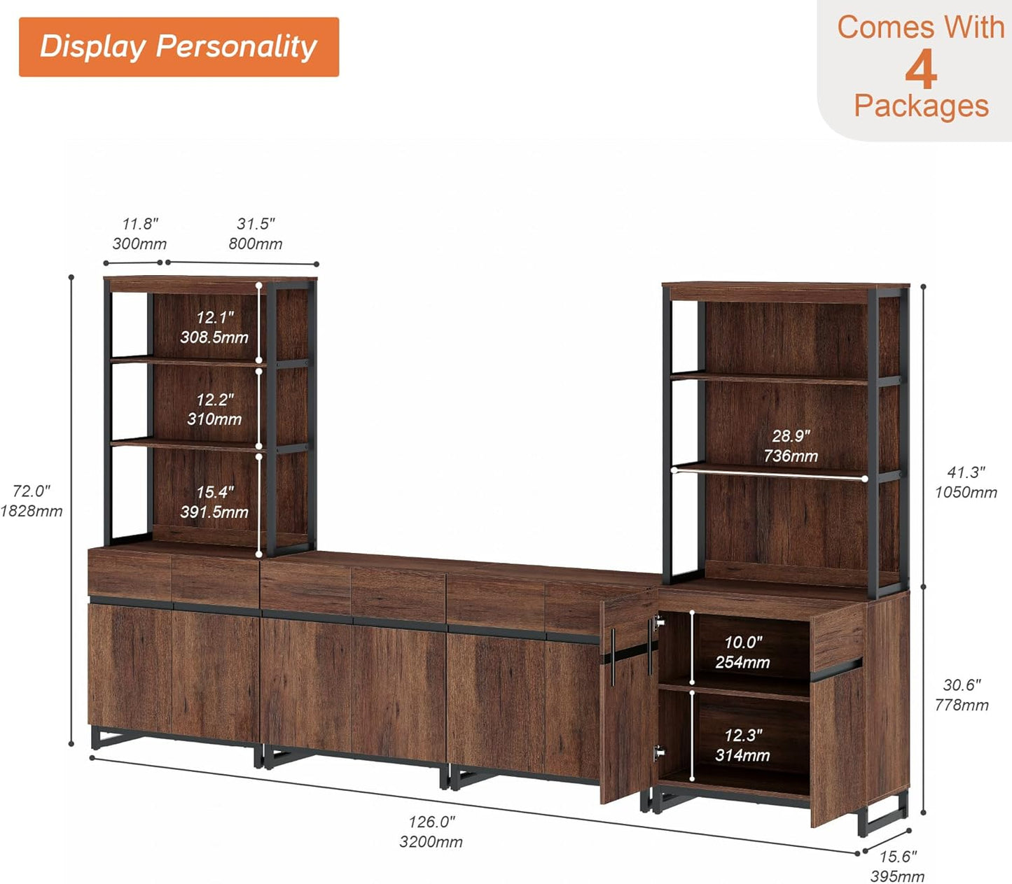WAMPAT Modern TV Stand with 3 Tiers Bookshelf, Farmhouse Entertainment Center with 4 Large Storage Cabinets and Adjustable Shelf, Wooden Media TV Console with Black Metal Leg for Living Room, Brown