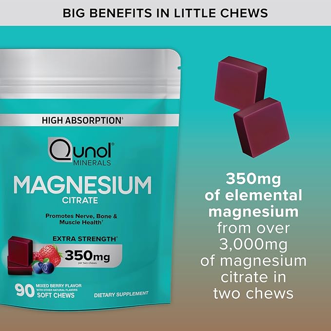 Qunol Magnesium Citrate Soft Chews, 350mg Extra Strength Magnesium Supplement, High Absorption to Support Nerve, Bone and Muscle Health, 90 Count