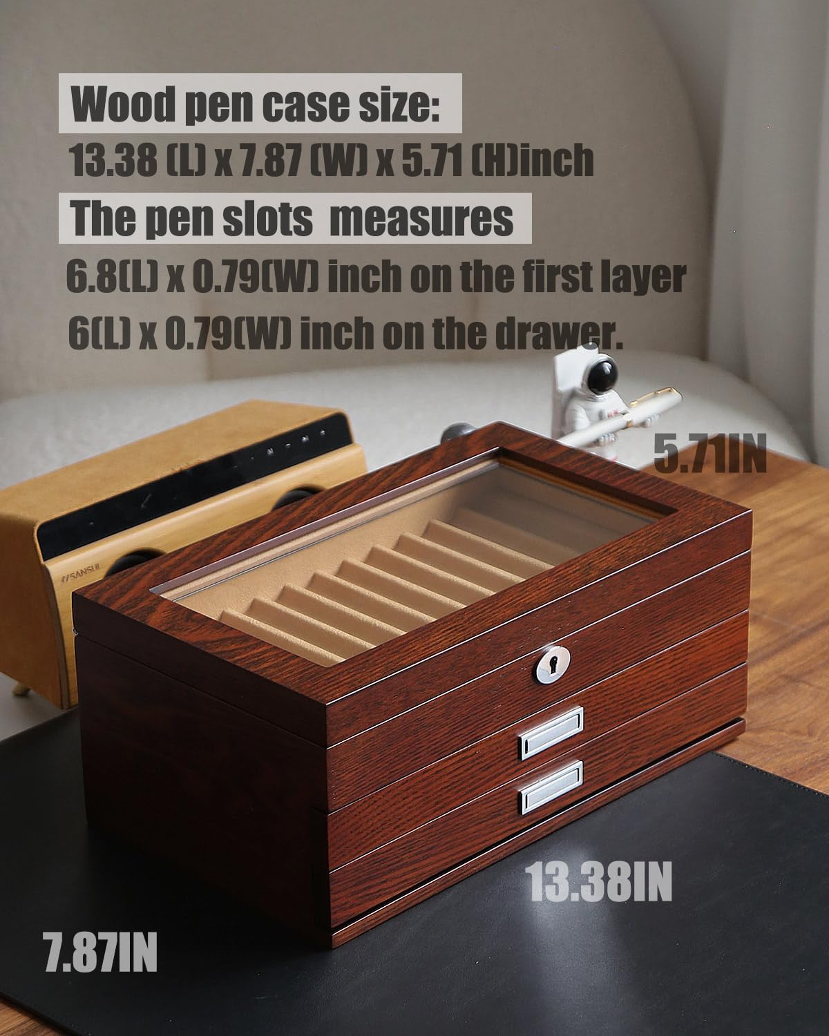 Wood Pen Display case 36 Slot Fountain Pen Box Storage Organizer with Drawer, Top Glass Window Pen Collection Display Case