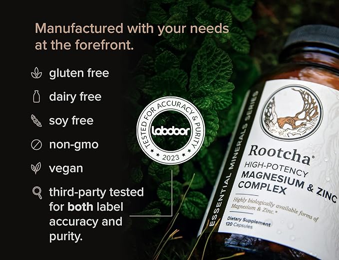Potent & Pure Magnesium & Zinc Complex - Fully Reacted Magnesium with Chelated Zinc Picolinate - by Rootcha | 120 Capsules