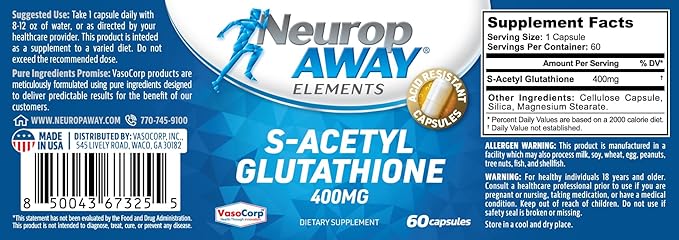 NeuropAWAY Elements S-Acetyl-Glutathione 400mg Acid Resistant Capsules 60ct (60 400mg Capsules Per Bottle) 3rd Party Tested Made in a cGMP Facility