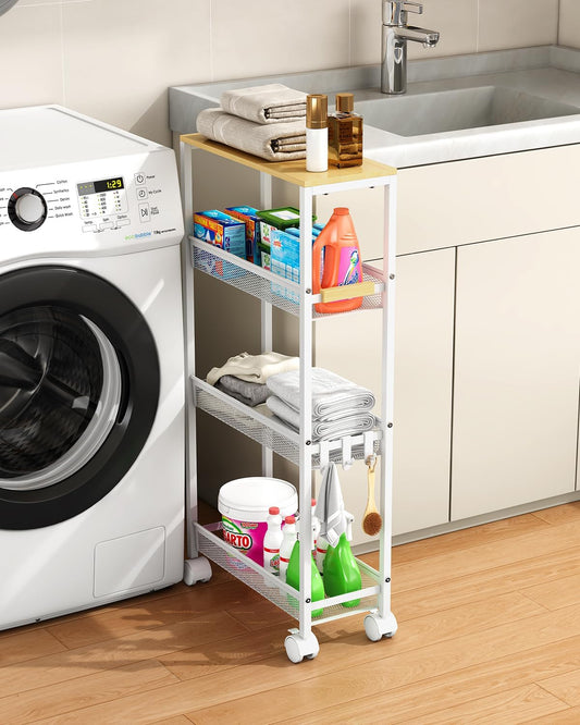 TIPGO Utility Slim Storage Cart, 4 Tier Rolling Cart with Wheels, Narrow Storage Cabinet for Bathroom, Laundry Shelves for Room Organization, Small Organizer for Kitchen, Office and Dorm (White)