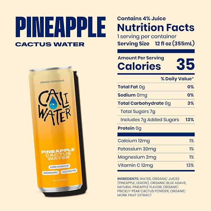 Caliwater - Organic Cactus Water - Pineapple - 5g Sugar, 35 Calories - Coconut Water Alternative - Natural Plant Based Hydration - Skin Care, Electrolyte Drinks - Flavored Water Beverages - 12 Cans