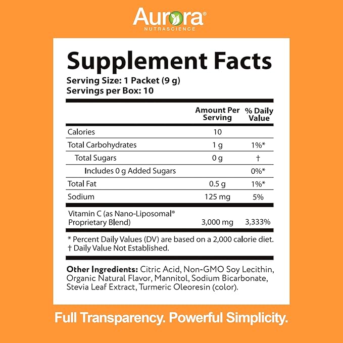 Aurora Nutrascience Nano-Pack Liposomal Vitamin C Powder Drink Mix, Immune Support, High Strength 3,000 mg Per Serving 10 Single Serve Packets, Orange