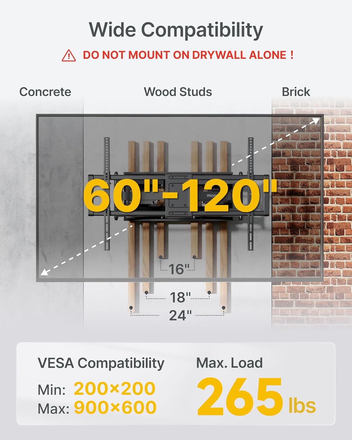 monTEK Heavy Duty XXL Full Motion TV Wall Mount for 60-120 inch Extra Large TVs, Holds 265 lbs, Max VESA 900x600, 27.7" Extension, Swivel & Tilt, Preassembled, Fits 12–24" Studs, LED/LCD/OLED 4K/8K