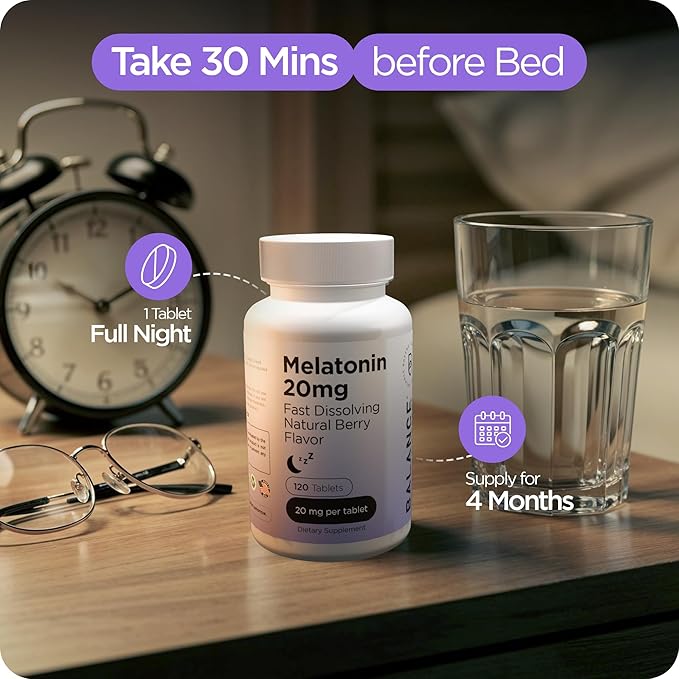 Melatonin 20mg Fast Dissolve Tablets - High Potency, Fast Acting, Natural Sleep Support - Sleep Aids for Adults - Non-Groggy, Drug-Free Formula - 120 Sleeping Pills - Pack of 2