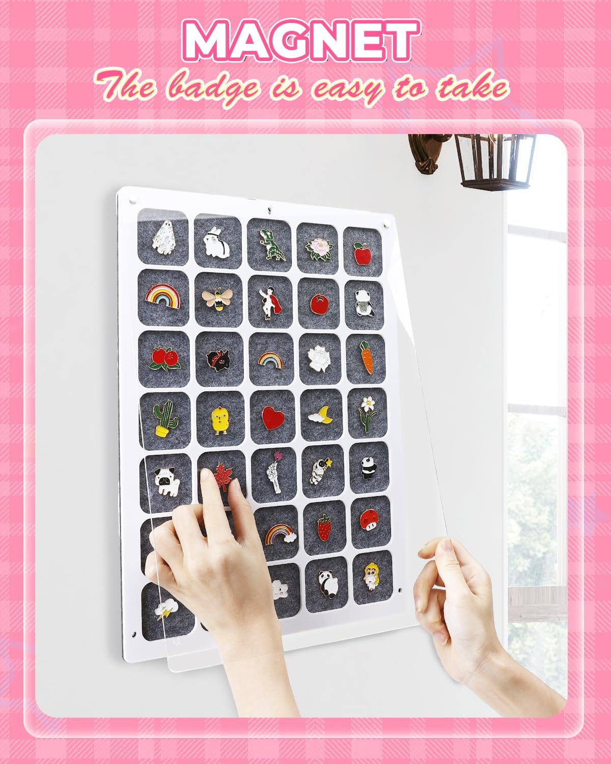 UCEC 35 Grids Clear Acrylic Pin Display Board & 50 PCS Rubber Pin Clutches, Enamel Pin Collection Display Case for Pin Holder, Badge Brooch Pins Organizer Board, Dust-Free Wall & Table Holder Display