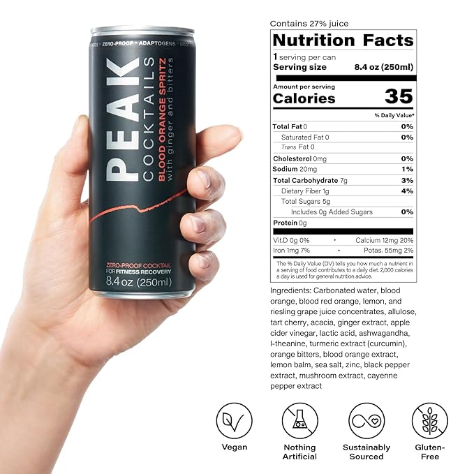 Peak Cocktails Non-Alcoholic Cocktail | Adaptogens, Nootropics, Superfoods for Recovery, Calm, Sleep | Ashwagandha, Tart Cherry, L-Theanine | Mixologist-crafted | Blood Orange Spritz | 8.4 oz, 24-Pack