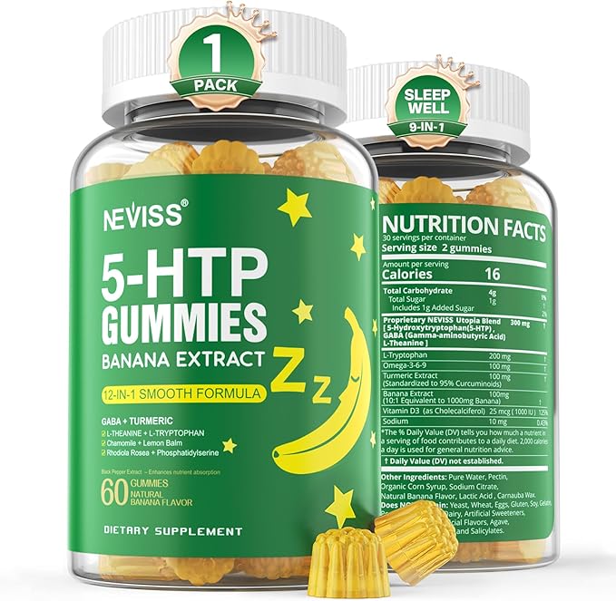 NEVISS 1Pack 5-HTP Gummies + GABA - Melatonin Free - Relaxation Gummies with Banana Extract, L-Theanine,L-Tryptophan, Vitamin D3 for Healthy Rest Cycle & Circadian Rhythm,Brain Function & Muscle Relax