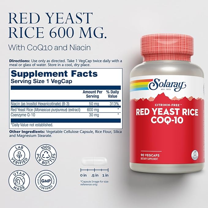 SOLARAY Red Yeast Rice Plus CoQ-10 & No-Flush Niacin Vitamin B-3, Healthy Heart & Cardiovascular Support, Non-Irradiated & Citrinin Free, 60 Day Money Back Guarantee, 90 Servings, 90 VegCaps