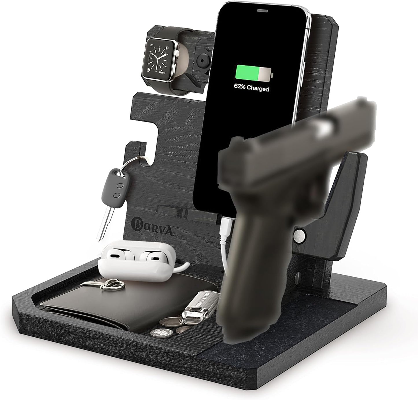 BarvA Phone Docking Station with Patented Adaptive Wood Gun Rack | Night Stand Smart Watch & Phone Stand | Charging Station Desk Organizer | Gun Accessories Storage and Organization