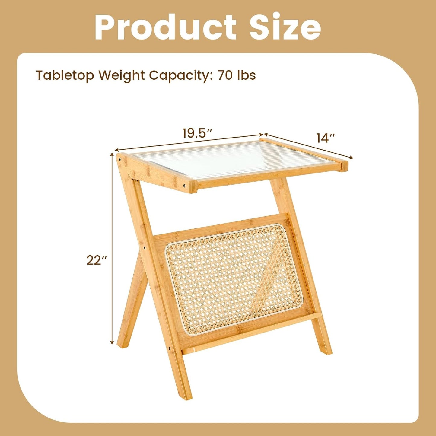 GOFLAME Rattan Side Table, Z-Shaped End Table with Tempered Glass Top, Magazine Rack, Boho Night Stand, Small Coffee Table, Bamboo Accent Bedside Table for Living Room, Bedroom, Natural