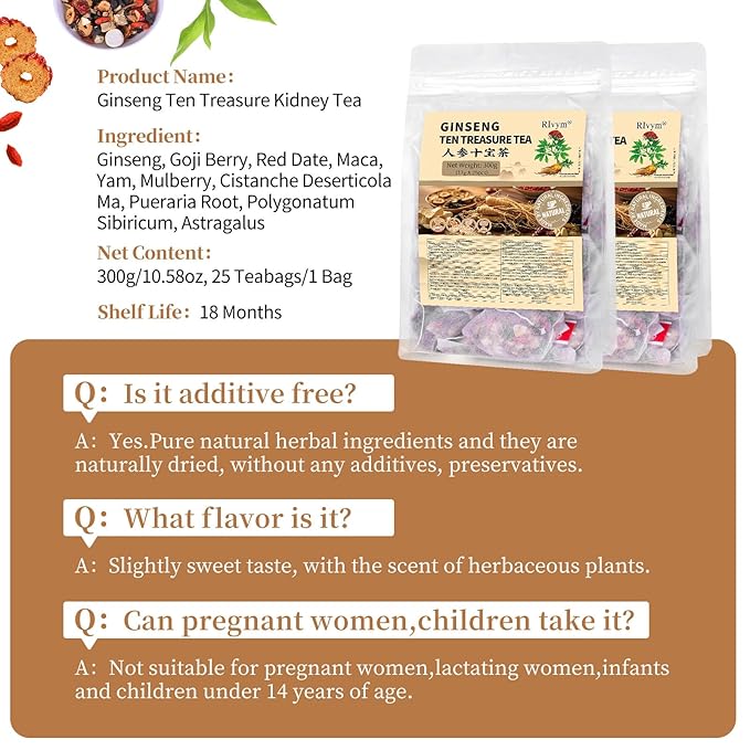 25Pcs Ginseng Ten Treasures Tea, Chinese Traditional Kidney Care Herbal Tea, Natural Kidney Cleanse Detox Tea for Women & Men, 10 Precious Ingredients Formula(25Bags, 300g)