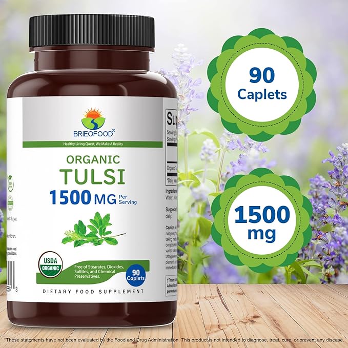 Brieofood Organic Tulsi (Holy Basil) 1500mg, 45 Servings, Vegetarian, Gluten Free, 90 Vegetarian Tablets