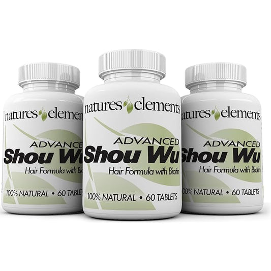 Natures Elements Advanced Shou Wu for Gray Hair – Prepared He Shou Wu for Hair Growth with Biotin, Bioperine, Fo-Ti Root & More – 100% Natural – 60 Tablets – Pack of 3 - Non-GMO, Gluten-Free