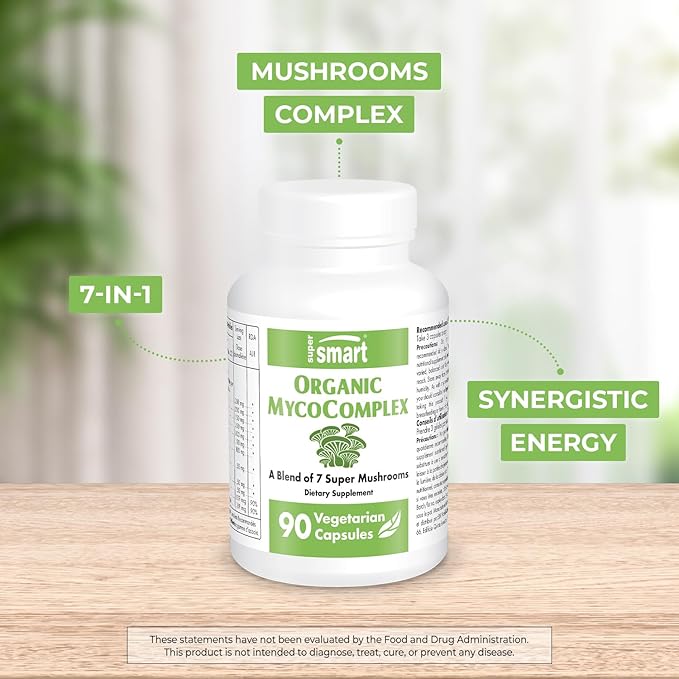 SuperSmart Organic MycoComplex (High Strength) - 7-in-1 Mushrooms Supplement - with Shiitake, Chaga, Reishi, Maitake, Cordyceps, Polypore, Agaricus | Non-GMO & Gluten Free - 90 Vegetarian Capsules