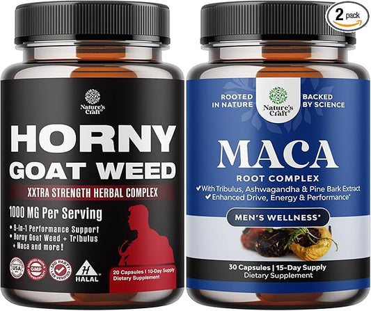 Bundle of Horny Goat Weed Complex with Tongkat Ali, Saw Palmetto, Panax Ginseng & Black Maca Root Plus Potent Herbal Supplement with Siberian Ginseng, Ashwagandha & Maca for Men’s Energy & Wellness