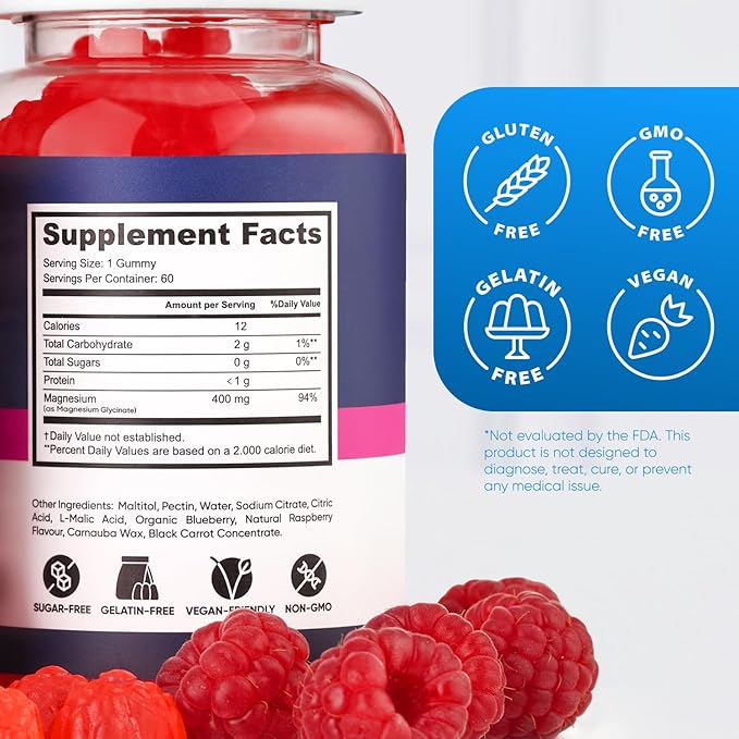 Magnesium Glycinate Gummies 400mg, High Absorption Magnesium Supplement for Women, Men and Kids, Muscle Support and Relaxation, Sugar Free, Vegan, 60 Days Supply, Raspberry Flavor