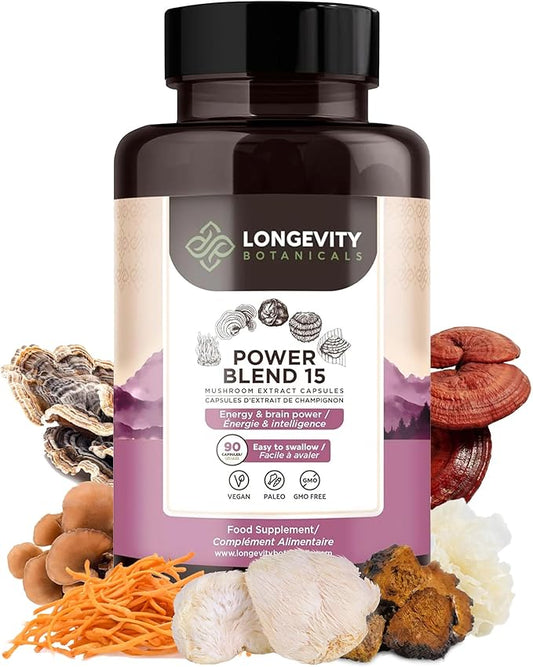 Longevity Botanicals Power 15 Mushroom Blend Capsules (90) | Lion’s Mane, Turkey Tail, Reishi, Chaga, Cordyceps, Maitake, Tremella & More | 10:1 Extract | Complex Mix for Immune & Vitality Support