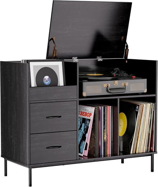 Large Record Player Stand with Lift Top, Vinyl Record Storage Holder, Record Player Table with Power Outlet, Mid Century Modern Turntable Stand Media Console Table