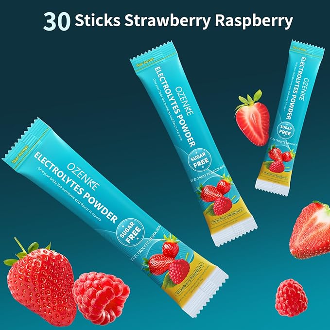 Electrolytes Powder Packets, 30 Sticks Hydration Packets Sugar Free, Electrolyte Drink Mix Portable Electrolyte Packets for Rapid Hydration, 0 Sugar & 0 Calorie, Strawberry & Raspberry Flavor