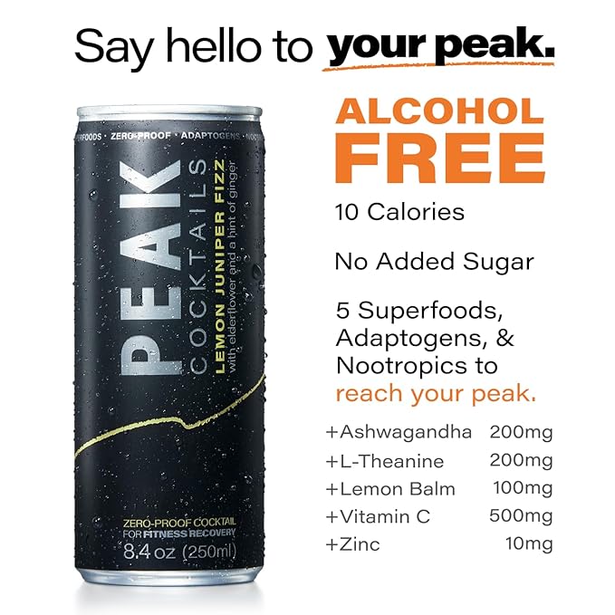 Peak Cocktails Non-Alcoholic Cocktail | Adaptogens, Nootropics, Superfoods for Recovery, Calm, Sleep | Ashwagandha, Tart Cherry, L-Theanine | Mixologist-crafted | Lemon Juniper Fizz | 8.4 oz, 24-Pack