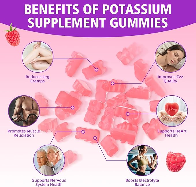 Sugar Free Potassium Gummies for Adults with 1200mg Potassium Chloride - Supports Muscle Health & Leg Cramps, Raspberry Flavor, 60 Gummies