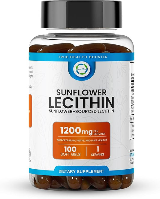 Sunflower Lecithin 1200 MG 100 Softgels, 100-Day Supply Guaranteed Pure, Non-GMO, Soy-Free, Supports Brain, Heart, Nerve, Liver Health, Cognitive Function, Healthy Cholesterol, High Absorption Formula