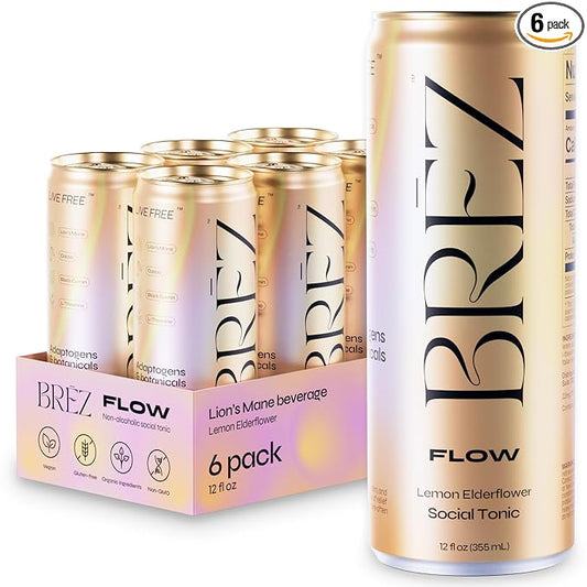 BREZ FLOW Lion’s Mane Mushroom Drink, 6-Pack, Non-Infused, Adaptogens, Relieving, Uplifting, and Social, Sparkling Lemon Elderflower Tonic 12 Fl oz