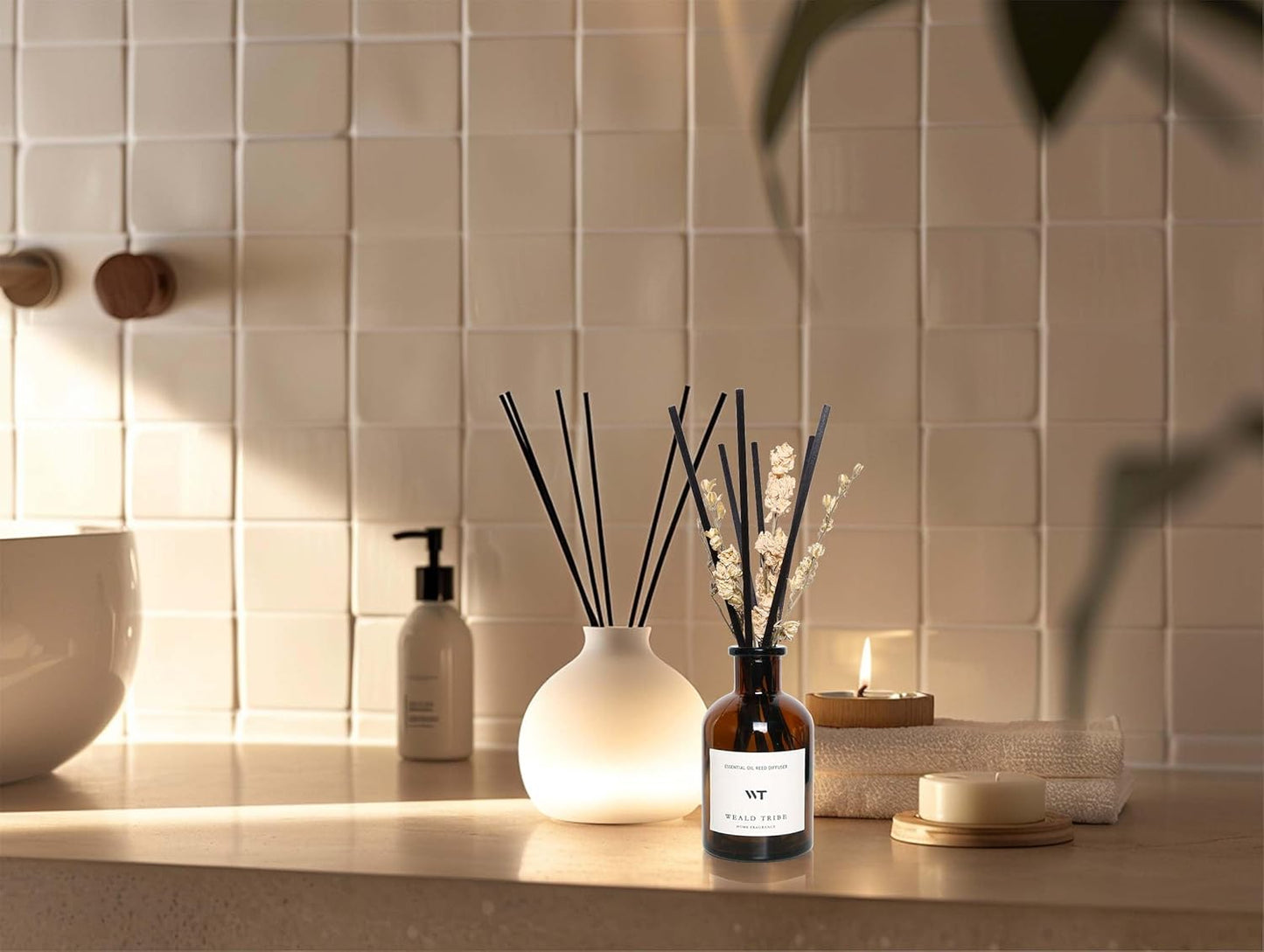 WEALD TRIBE Reed Diffuser Set for Bathroom Shelf Decor, Sticks Diffuser with Essential Oils Included | Early Summer Gardenia Scent 4.0 fl oz Fragrance Oil | Defusers for Home Apartment Essentials
