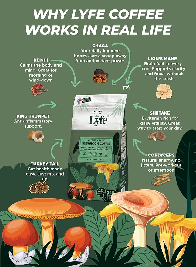 LYFE Organic Instant Mushroom Coffee – Lion’s Mane, Chaga, Cordyceps, Turkey Tail | USA Grown Adaptogenic Mushrooms for Better Energy, Focus, Gut Health, Immunity – 40 Servings