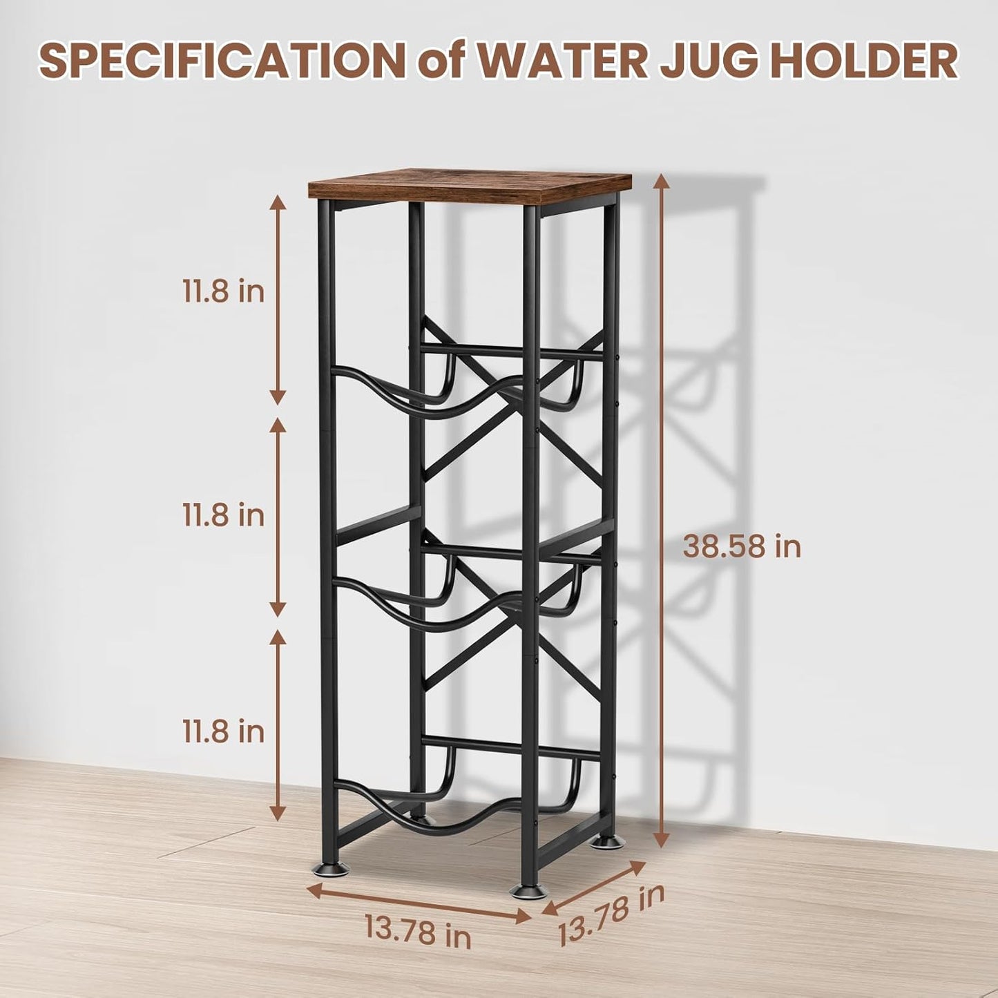 5 Gallon Water Jug Holder, 3-Tier Water Bottle Holder with Wood Top Shelf, Heavy Duty Water Cooler Jug Rack, Water Dispenser Storage Stand for Kitchen Office and Living Room
